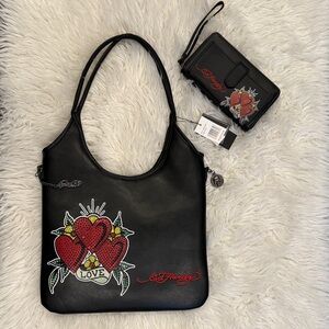 NWT Ed Hardy Black Shoulder Bag and Wallet with Red Heart Motif